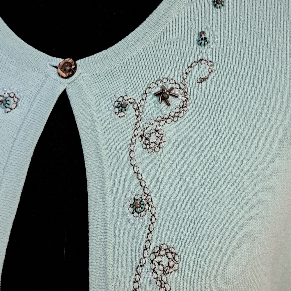 Cozy Aqua Cardigan by Madison Leigh Petite Size 10.. Detailed Embellishments - Picture 3 of 8